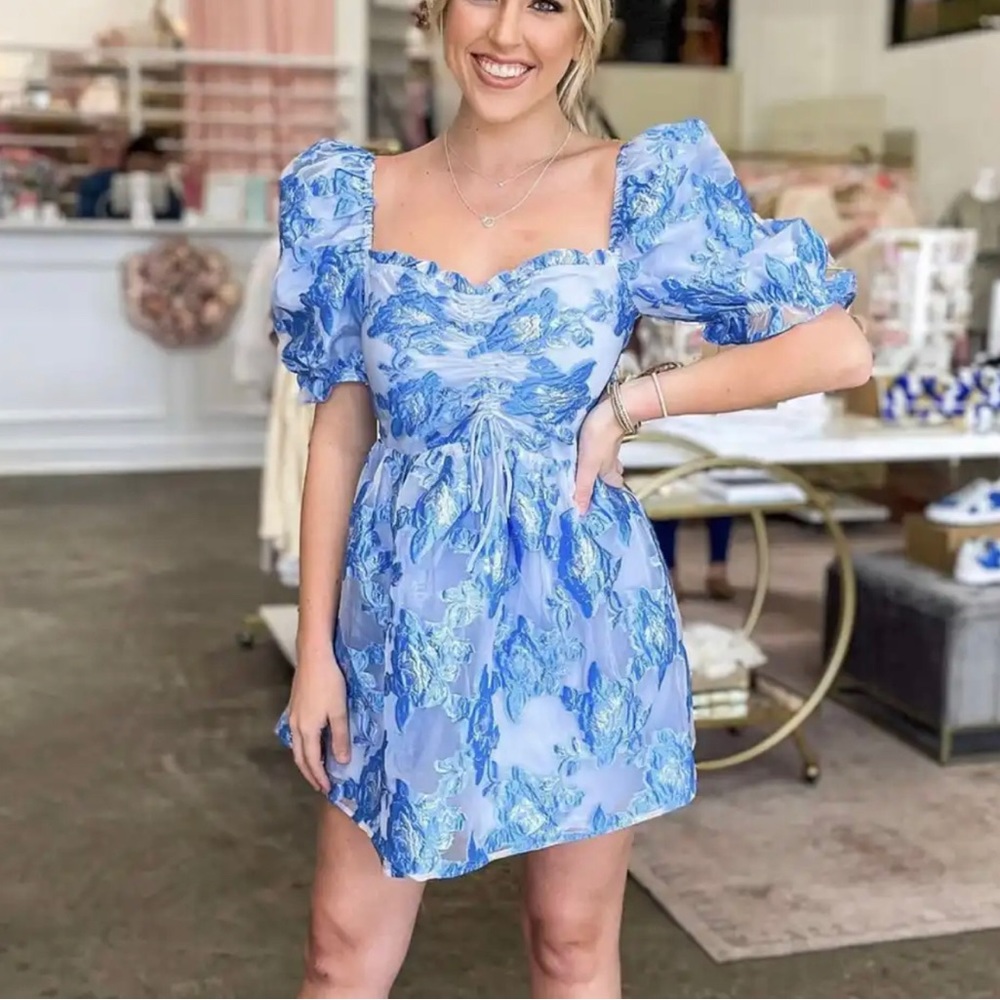 Puff sleeve floral blue dress